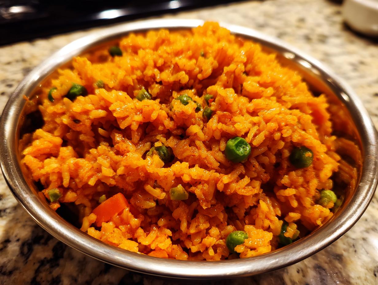 Close-up of bright orange spanish rice mixed with green peas served in a stainless steel bowl.