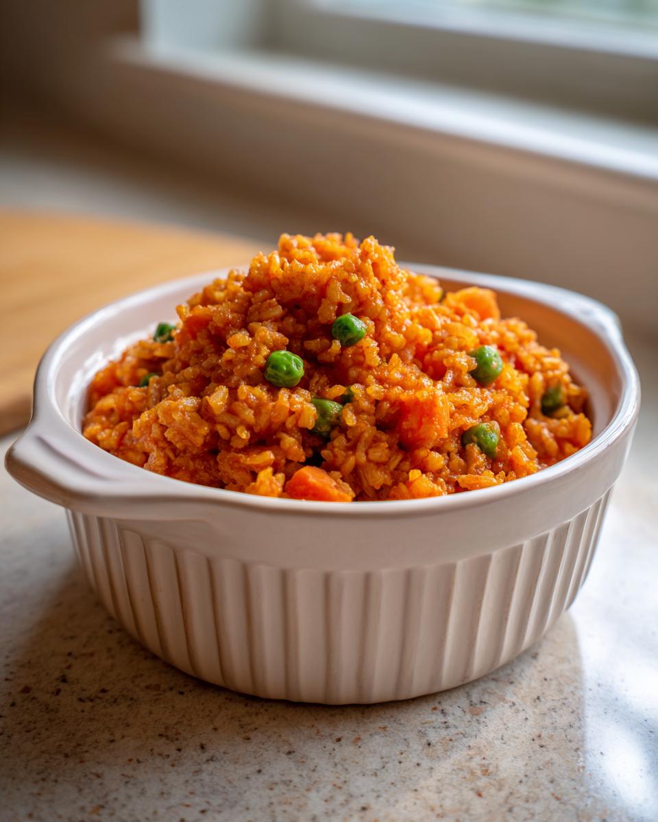 A white fluted bowl filled with vibrant orange spanish rice mixed with green peas and diced carrots.