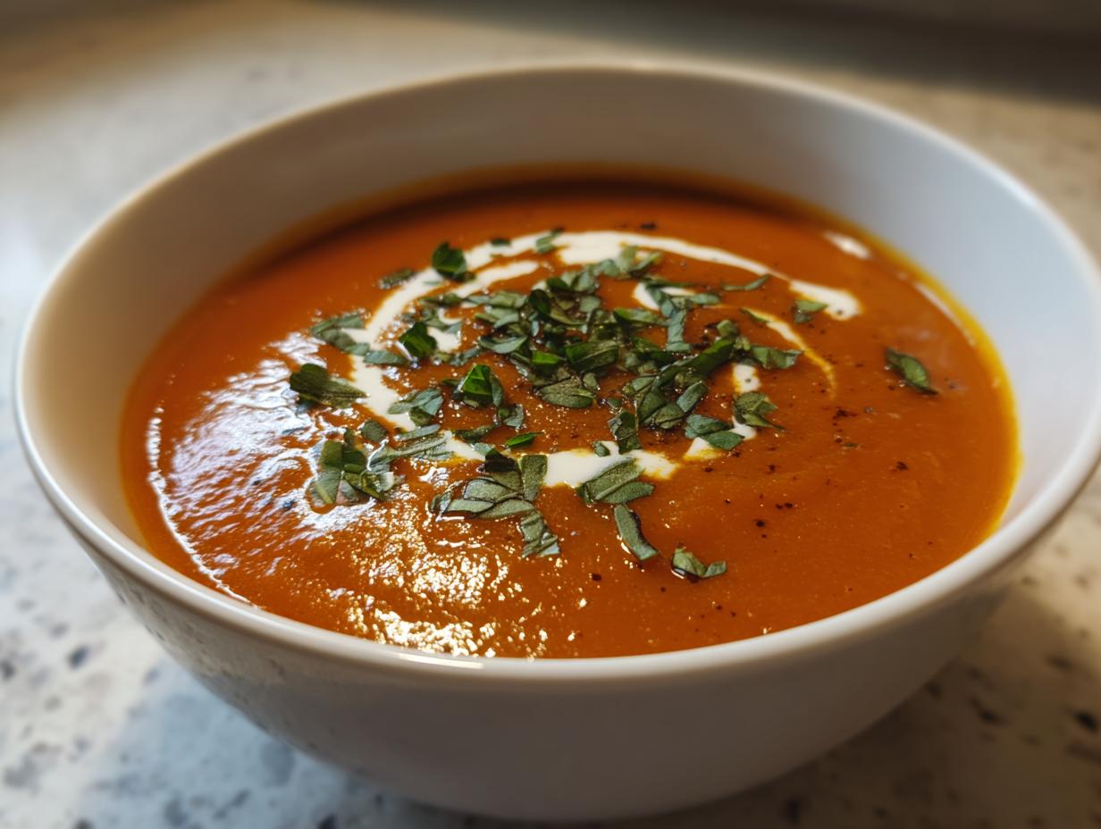 A close-up of a bowl of rich, orange tomato bisque, garnished with a swirl of cream and fresh basil.