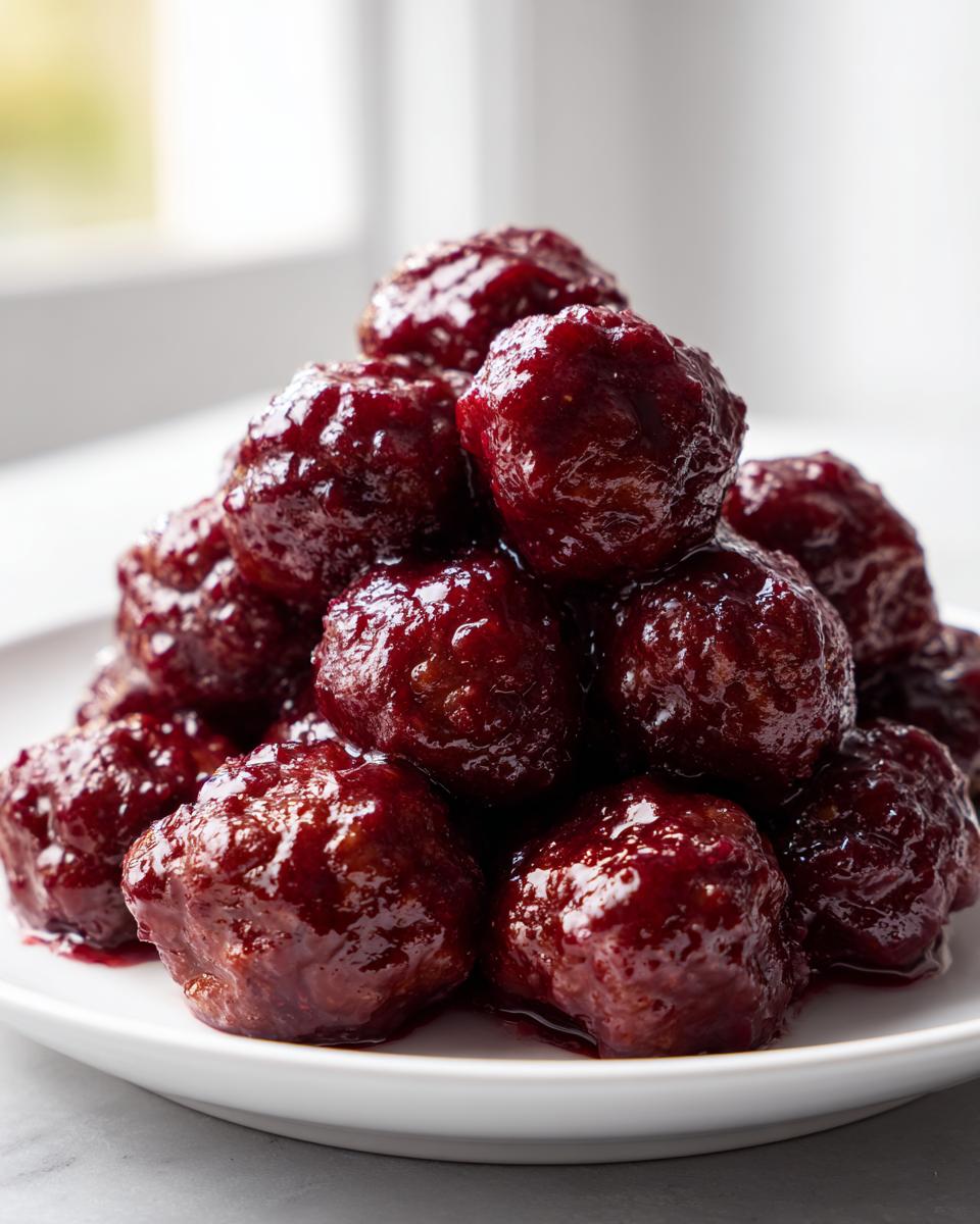 A close-up of a mound of shiny, dark red cranberry meatballs piled high on a white serving plate.