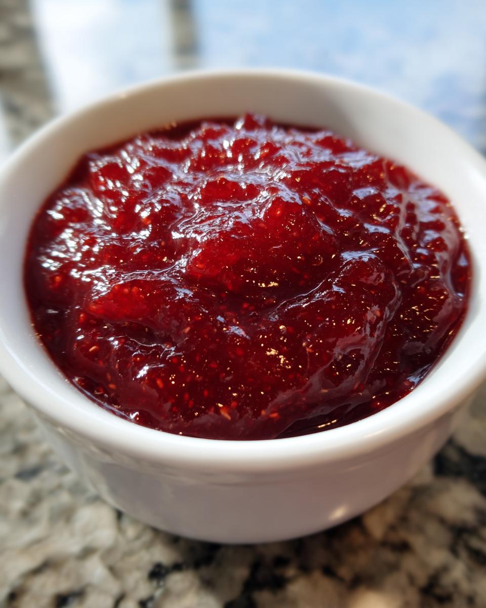 A close-up of thick, glossy, homemade raspberry jam served in a small white bowl.