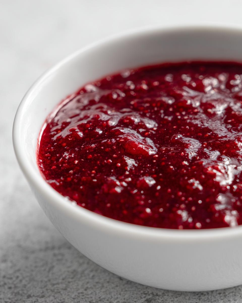 A close-up view of rich, deep red homemade raspberry jam texture in a small white bowl.