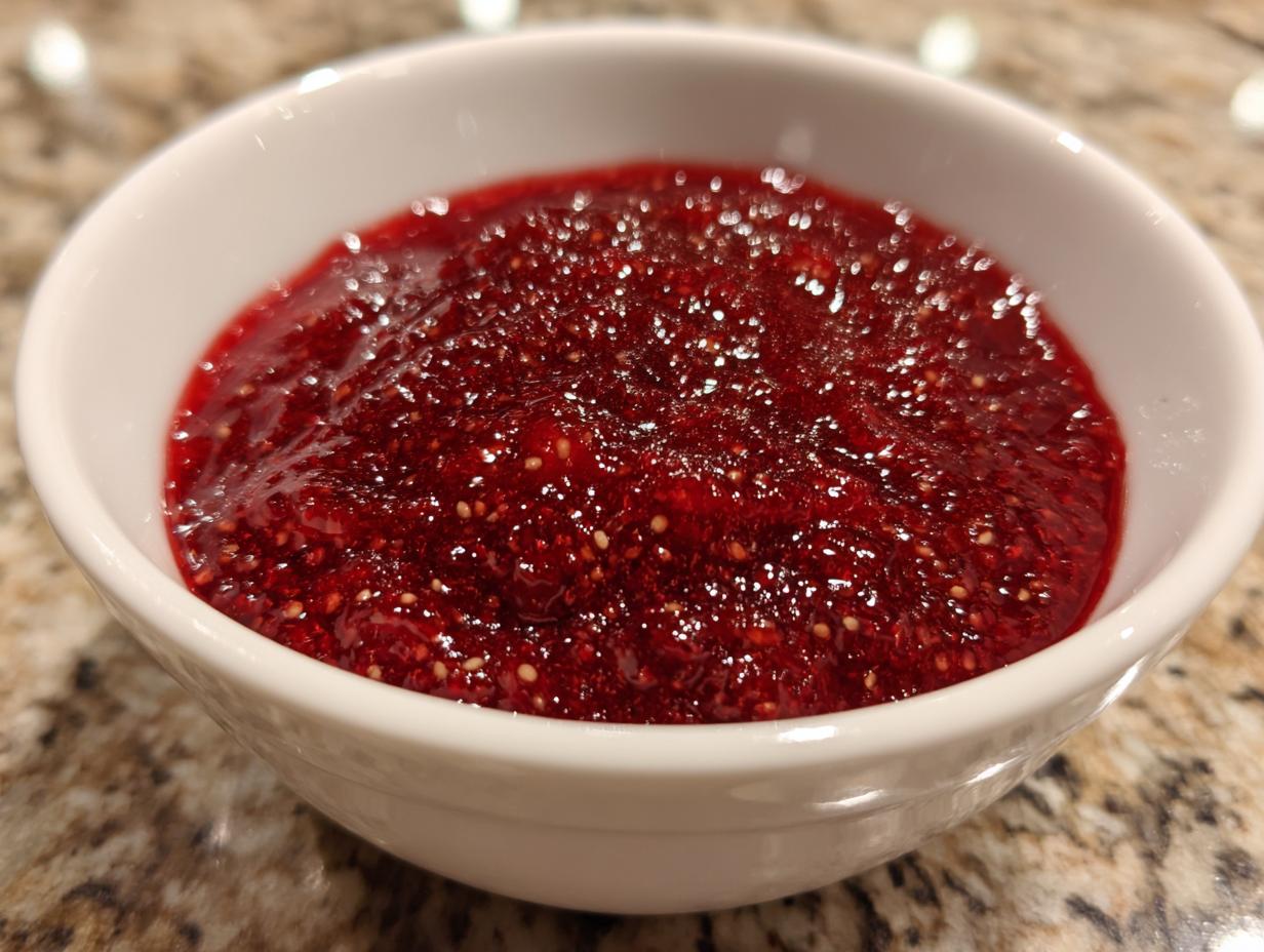 A close-up shot of thick, glistening, deep red raspberry jam filled in a small white bowl.