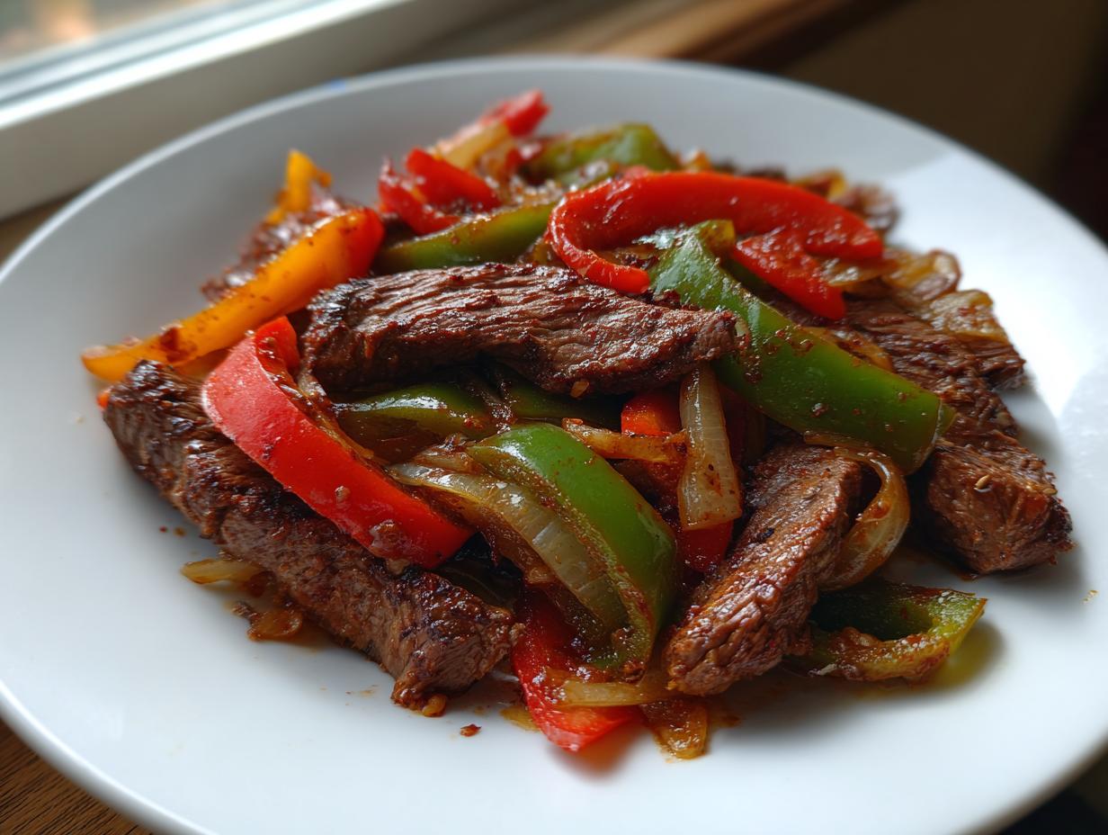 A white plate piled high with seasoned steak fajitas, featuring strips of seared beef mixed with vibrant red, green, and yellow bell peppers and onions.