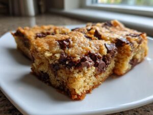 Three rich, golden cake mix cookie bars loaded with melted chocolate chunks on a white plate.
