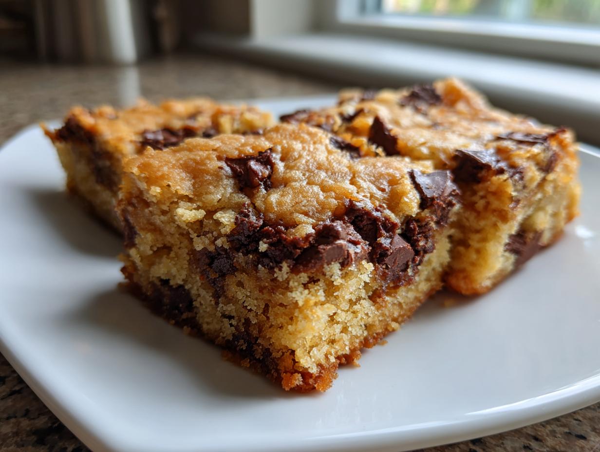 Three rich, golden cake mix cookie bars loaded with melted chocolate chunks on a white plate.