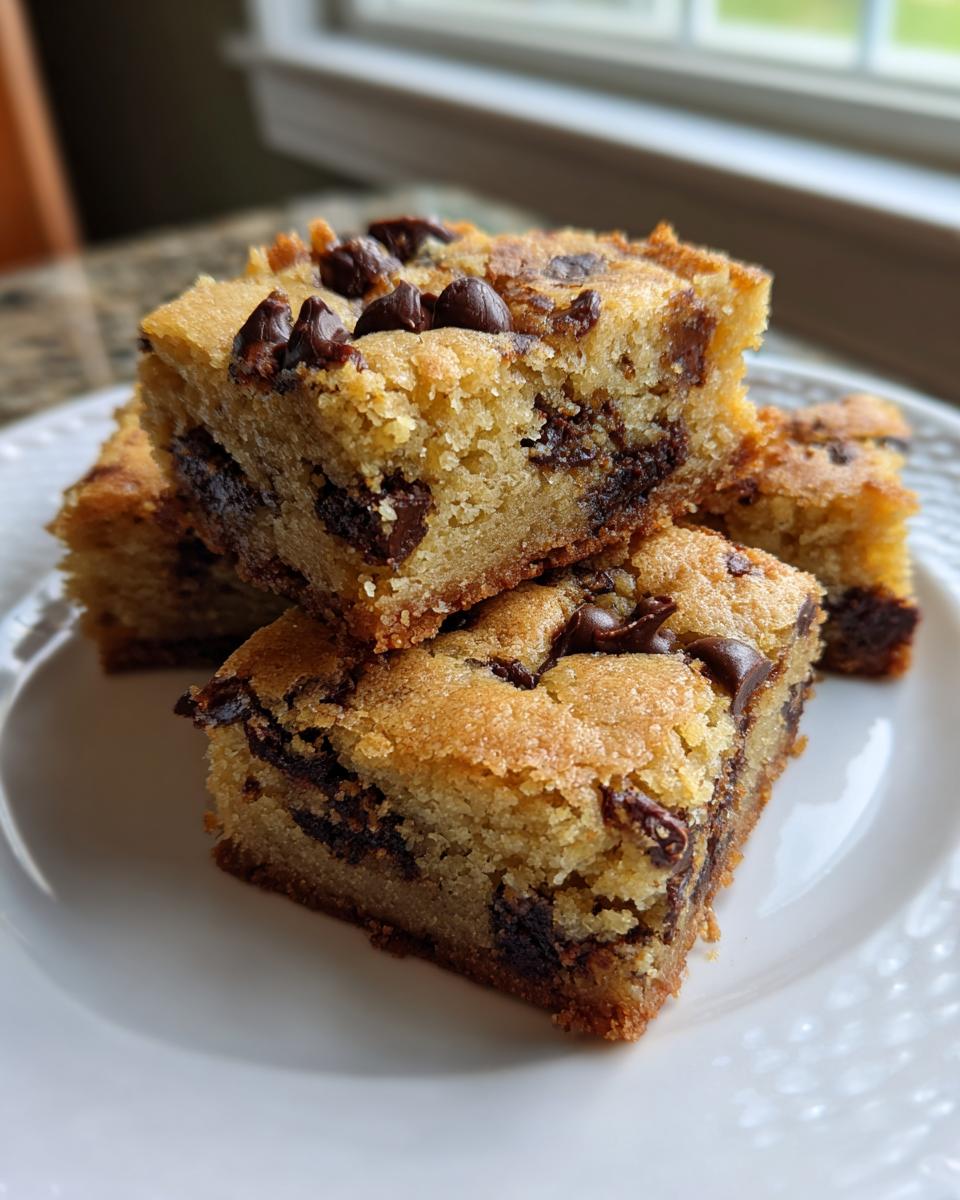A stack of golden brown, thick cake mix cookie bars loaded with melted chocolate chips on a white plate.