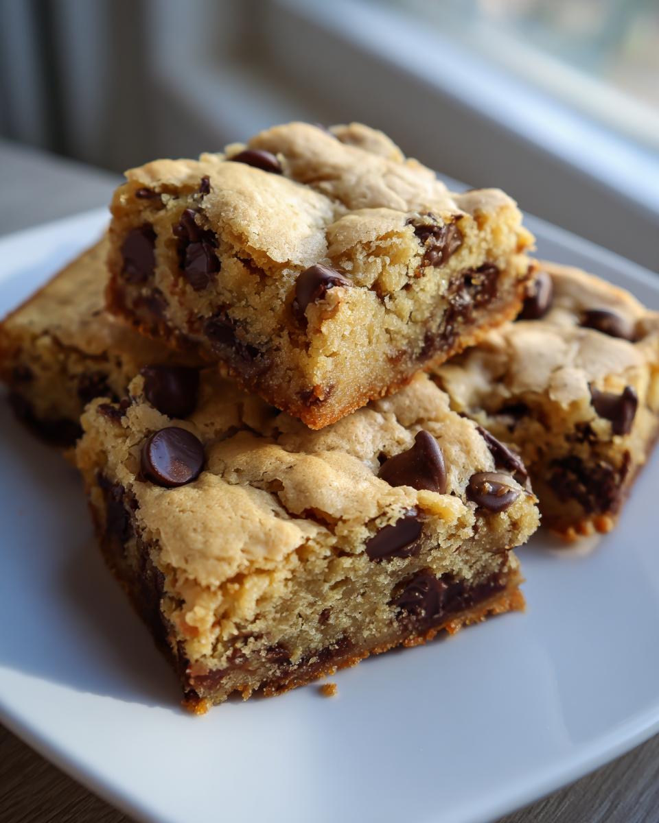 Stack of moist, thick chocolate chip cake mix cookie bars on a white plate, beautifully lit by natural light.