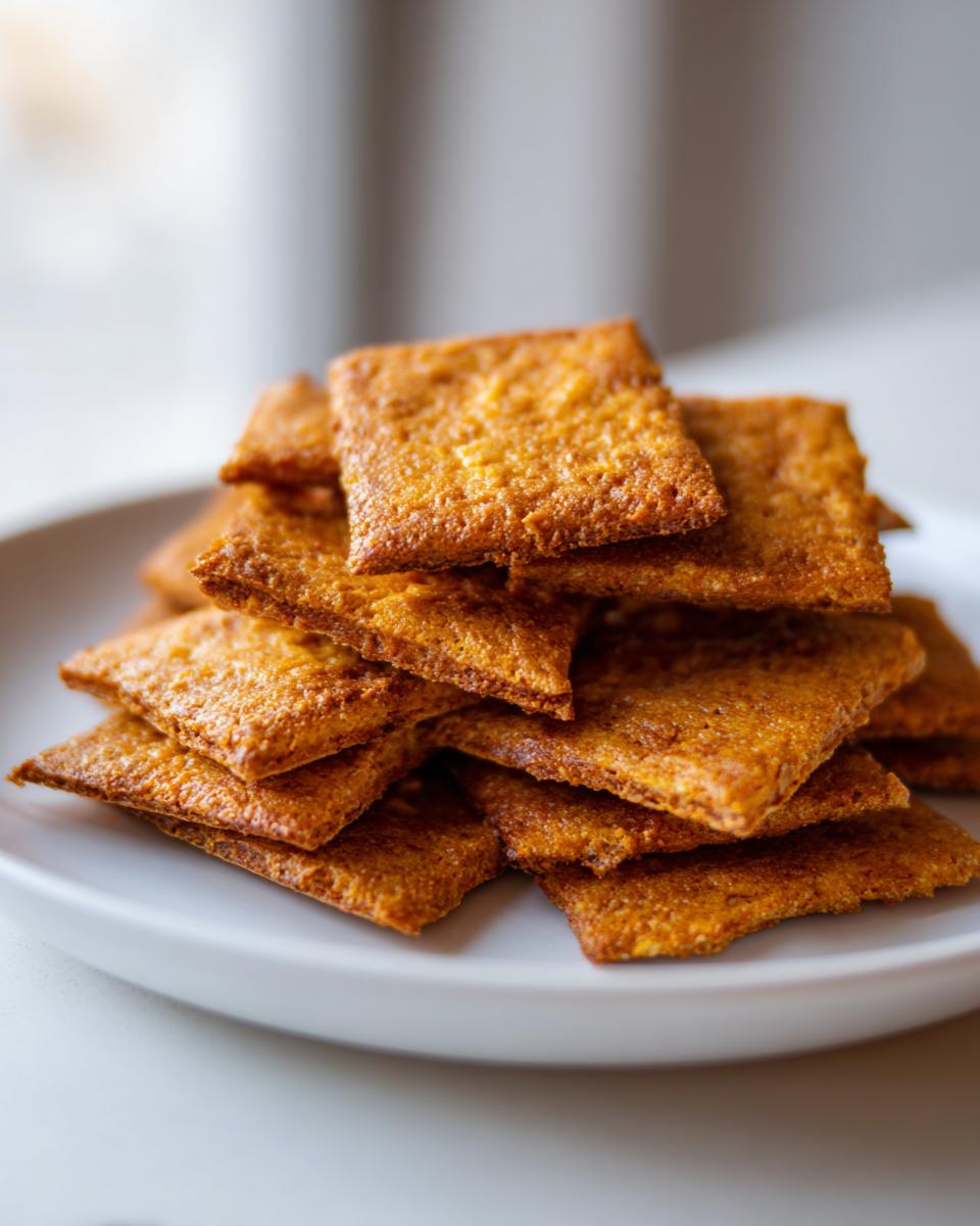 A close-up stack of golden brown, square, homemade cheese crackers on a white plate.
