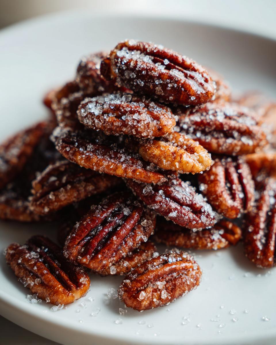 A close-up pile of homemade candied pecans glistening with coarse sugar crystals.
