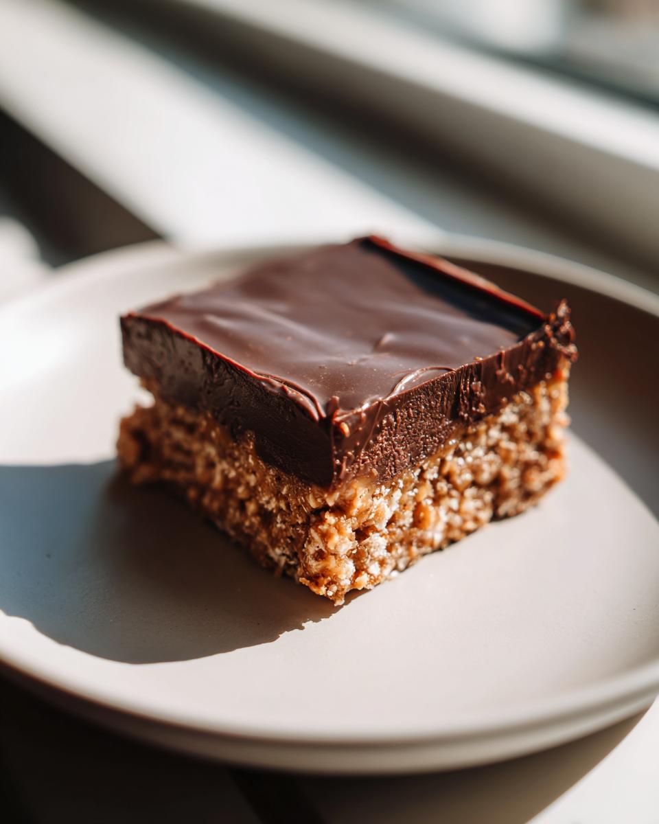 A single square of rich peanut butter bars with a thick, glossy chocolate topping on a light plate.