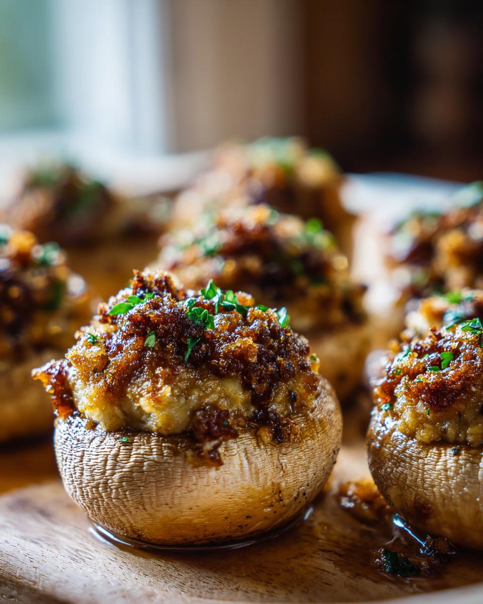 Close-up of perfectly baked stuffed mushrooms with a rich, browned topping and fresh parsley garnish.