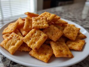 A white plate piled high with golden, square homemade cheese crackers, ready to eat.