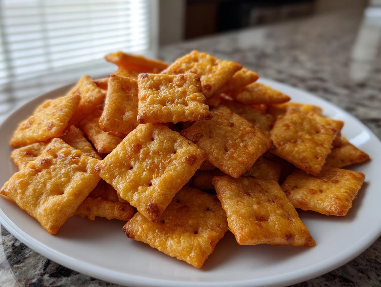 A white plate piled high with golden, square homemade cheese crackers, ready to eat.