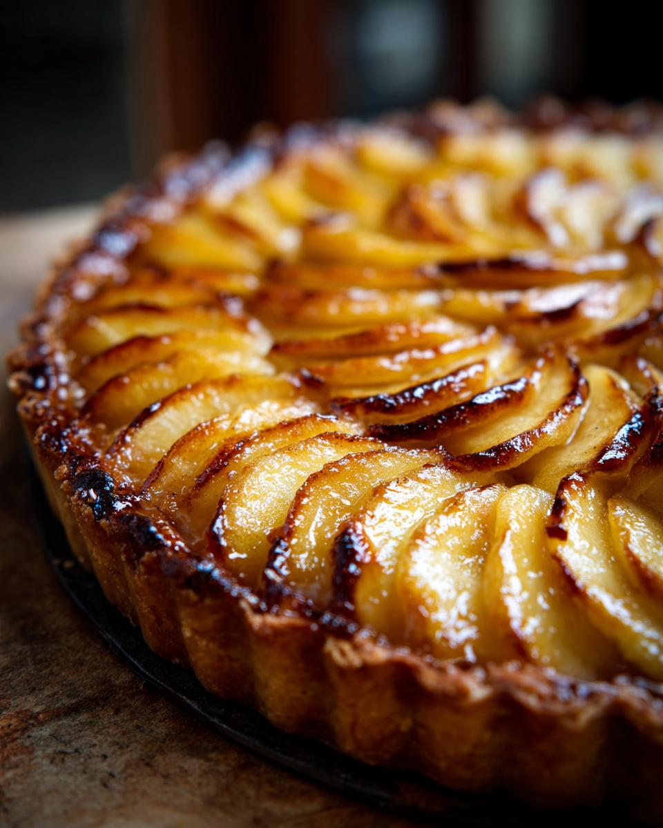 A close-up, shallow depth-of-field shot of a beautiful, shiny apple tart topped with perfectly arranged, glazed apple slices.