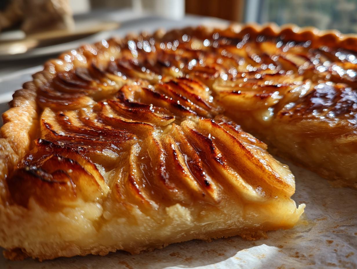 Close-up of a beautifully glazed apple tart, showing thinly sliced apples arranged in a pattern, with one slice cut out.