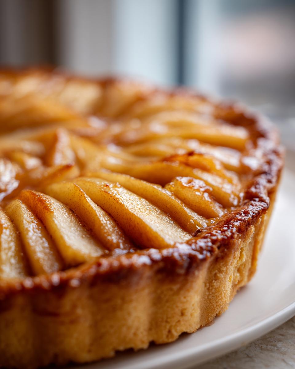 Close-up of a golden brown, perfectly baked apple tart with caramelized fruit slices arranged neatly on top.