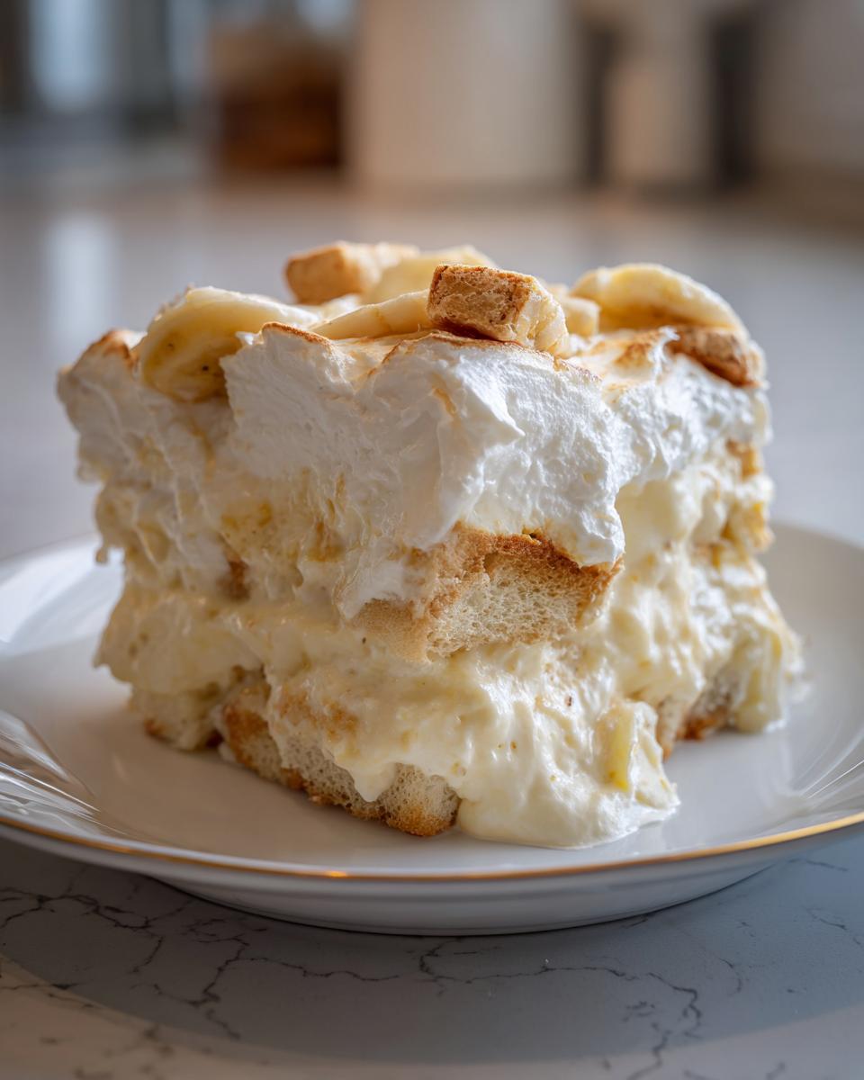 A generous slice of amazing banana pudding featuring layers of vanilla wafers, creamy custard, and whipped topping.