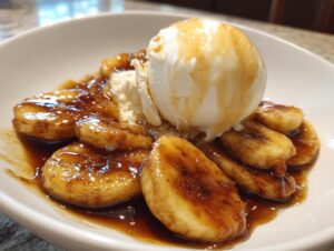 Close-up of warm, caramelized bananas in rich sauce topped with vanilla ice cream, perfect Bananas Foster.