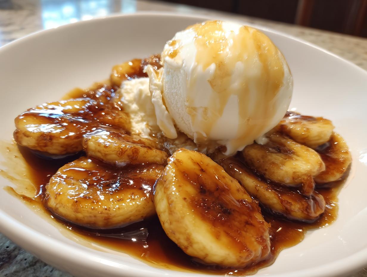 Close-up of warm, caramelized bananas in rich sauce topped with vanilla ice cream, perfect Bananas Foster.