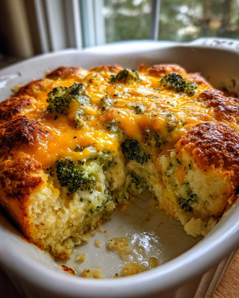 Close-up of a freshly baked broccoli casserole with a golden, bubbly cheese topping and a piece removed.