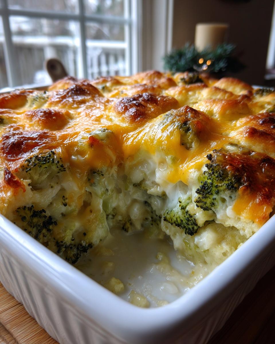 A close-up of a creamy, baked Broccoli casserole in a white dish with a bubbly, browned cheddar cheese topping.
