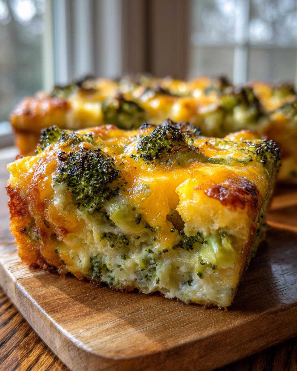 A close-up of a square slice of baked broccoli casserole topped with golden, melted cheese.