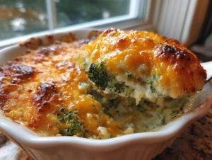A spoonful of creamy, cheesy broccoli casserole being lifted from a white baking dish.