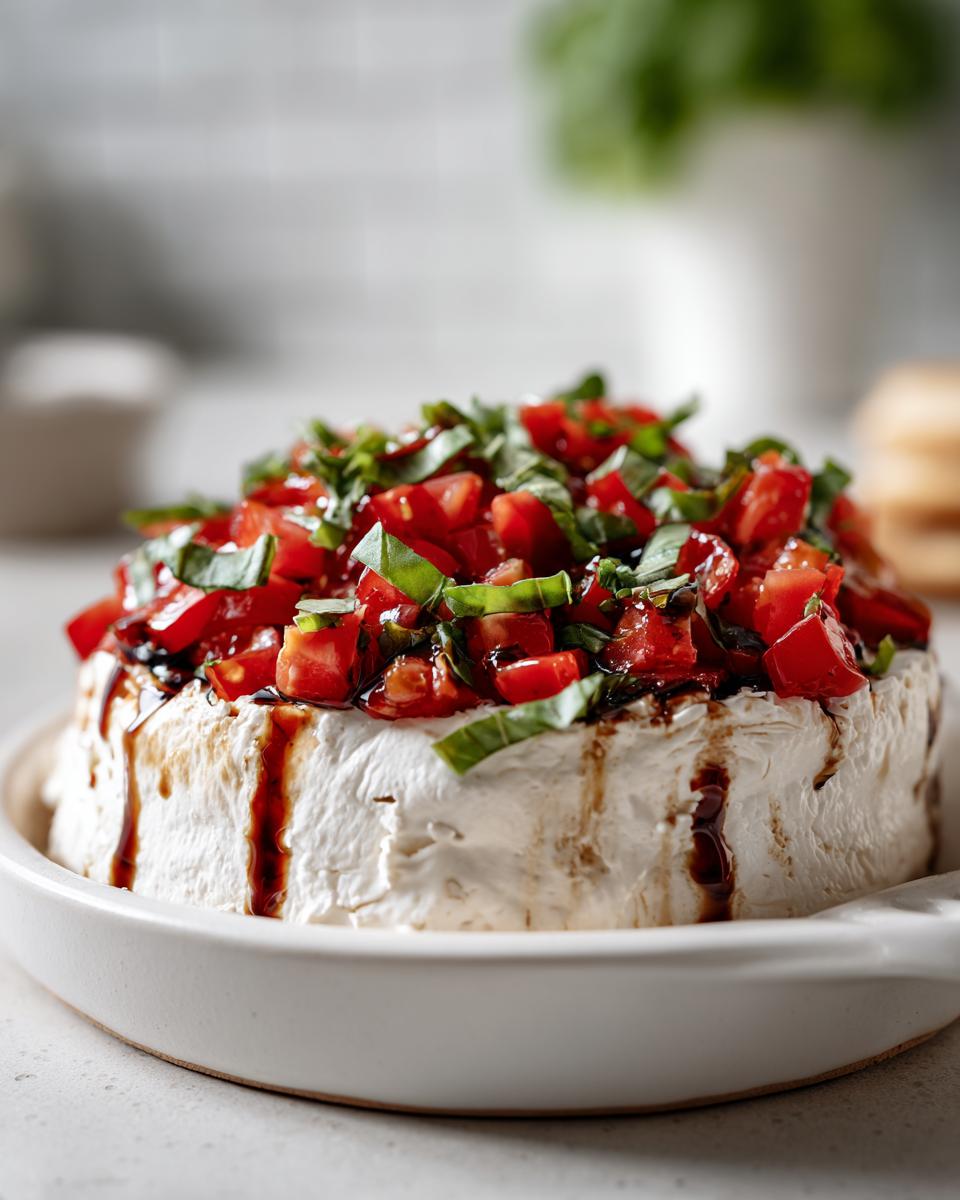 A round of cream cheese topped with fresh tomato, basil, and balsamic glaze, ready to serve as bruschetta dip.