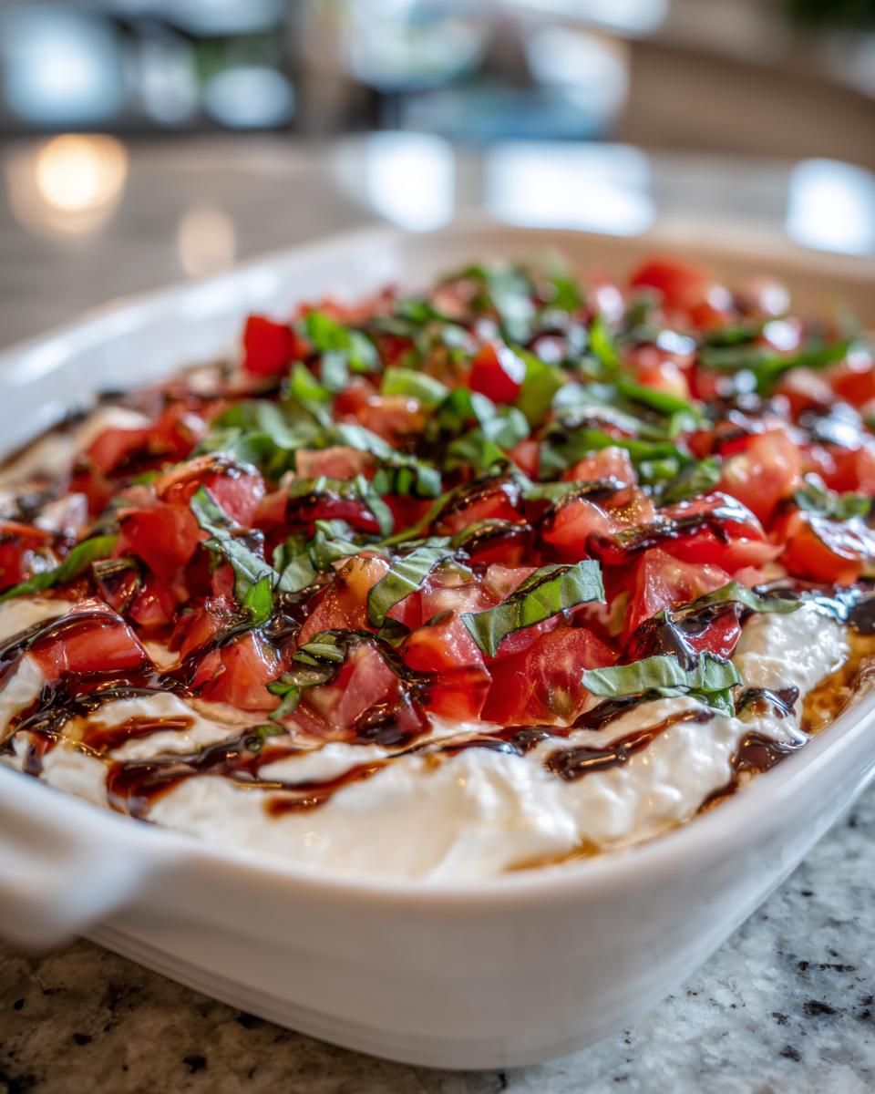A close-up of a creamy white base topped with diced tomatoes, fresh basil, and a balsamic glaze, ready to serve as bruschetta dip.