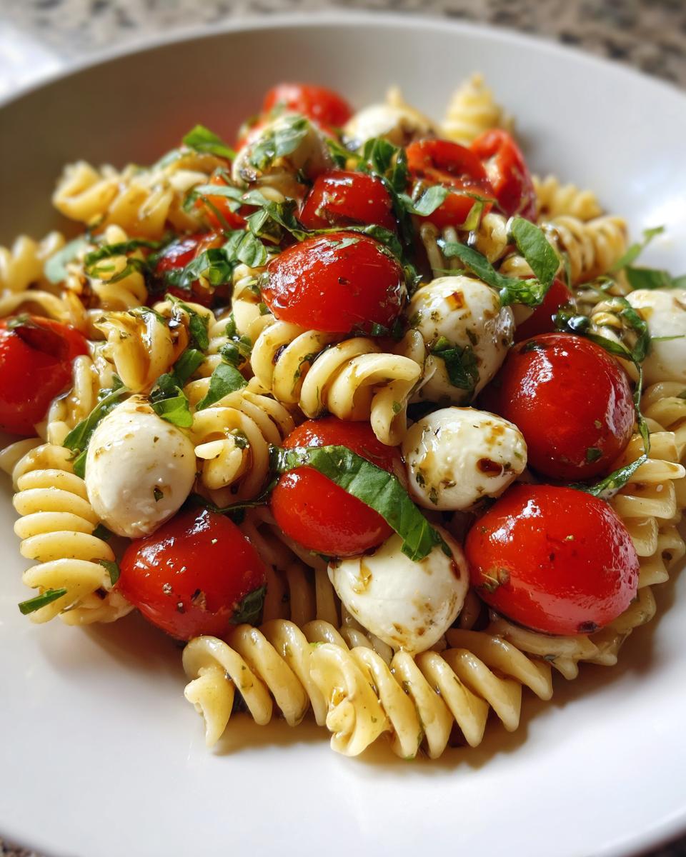Close-up of a bowl of amazing caprese pasta salad featuring rotini pasta, cherry tomatoes, mozzarella balls, and basil.