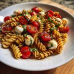 A close-up of a white bowl filled with amazing caprese pasta salad featuring rotini, cherry tomatoes, mozzarella balls, and basil.