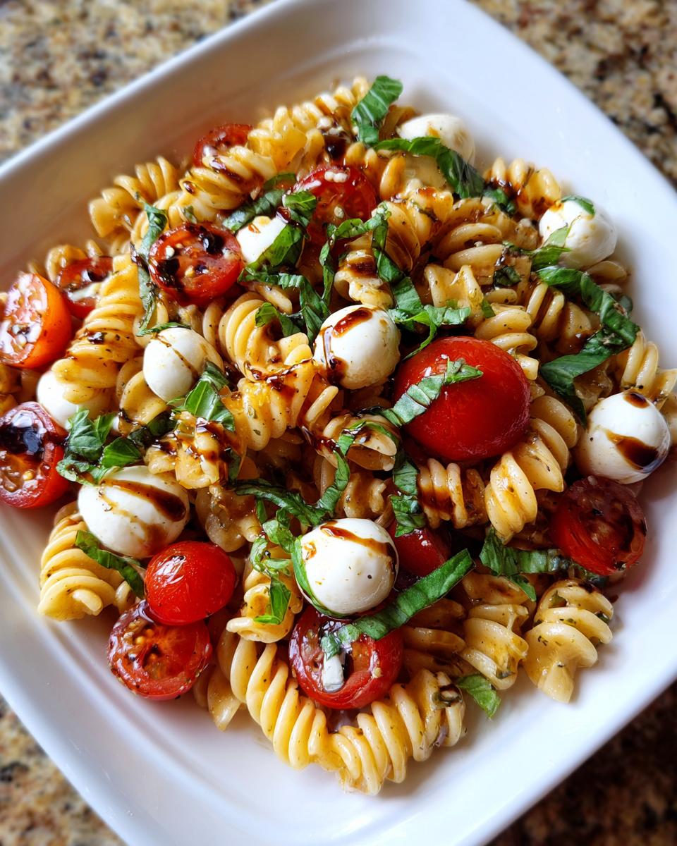 Close-up of a bowl of amazing caprese pasta salad featuring rotini pasta, cherry tomatoes, mozzarella balls, and basil.