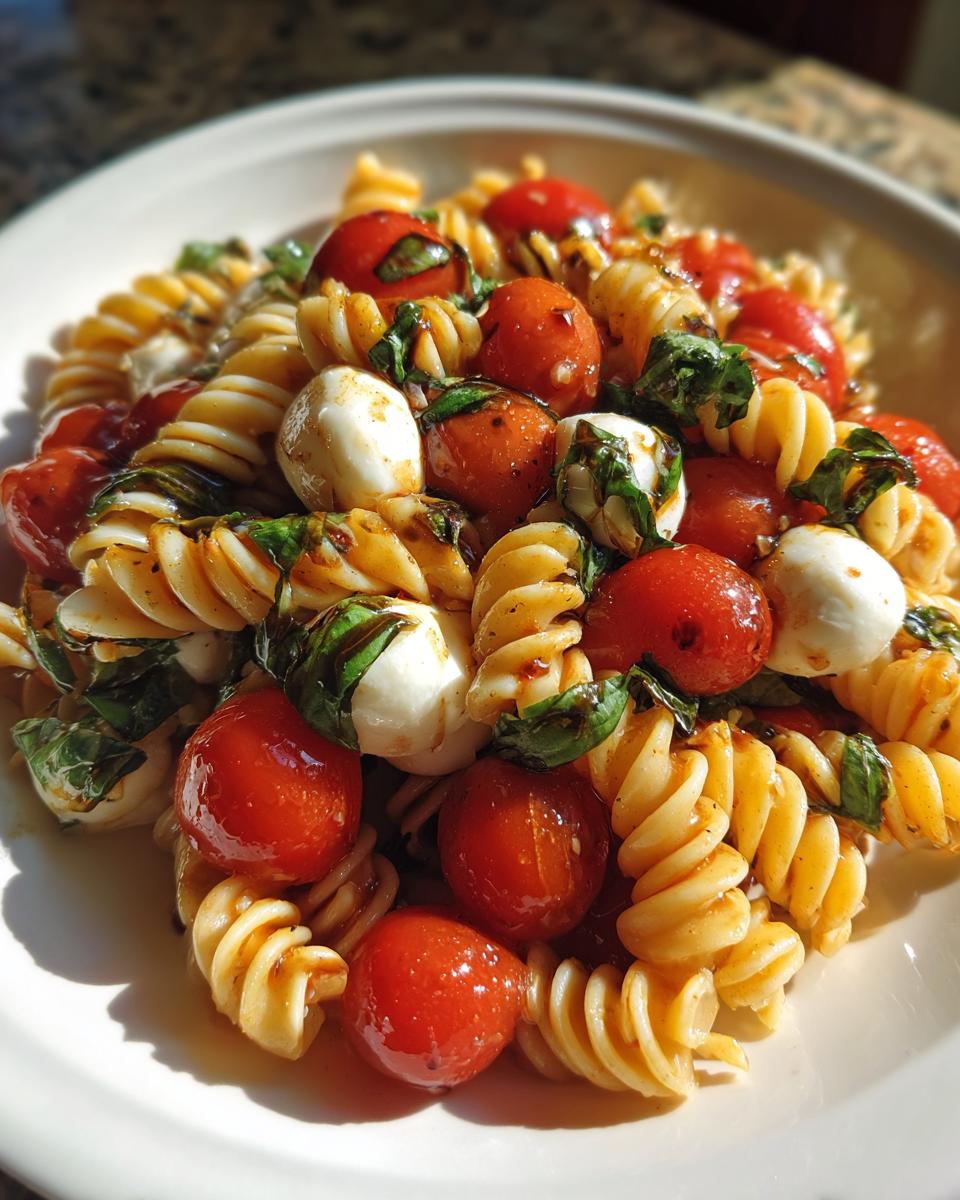 A close-up of a bowl filled with amazing caprese pasta salad featuring fusilli, cherry tomatoes, mozzarella balls, and basil.