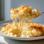 A spoonful of baked cheesy rice is lifted, showing long, dramatic strings of melted cheese pulling away from the casserole.