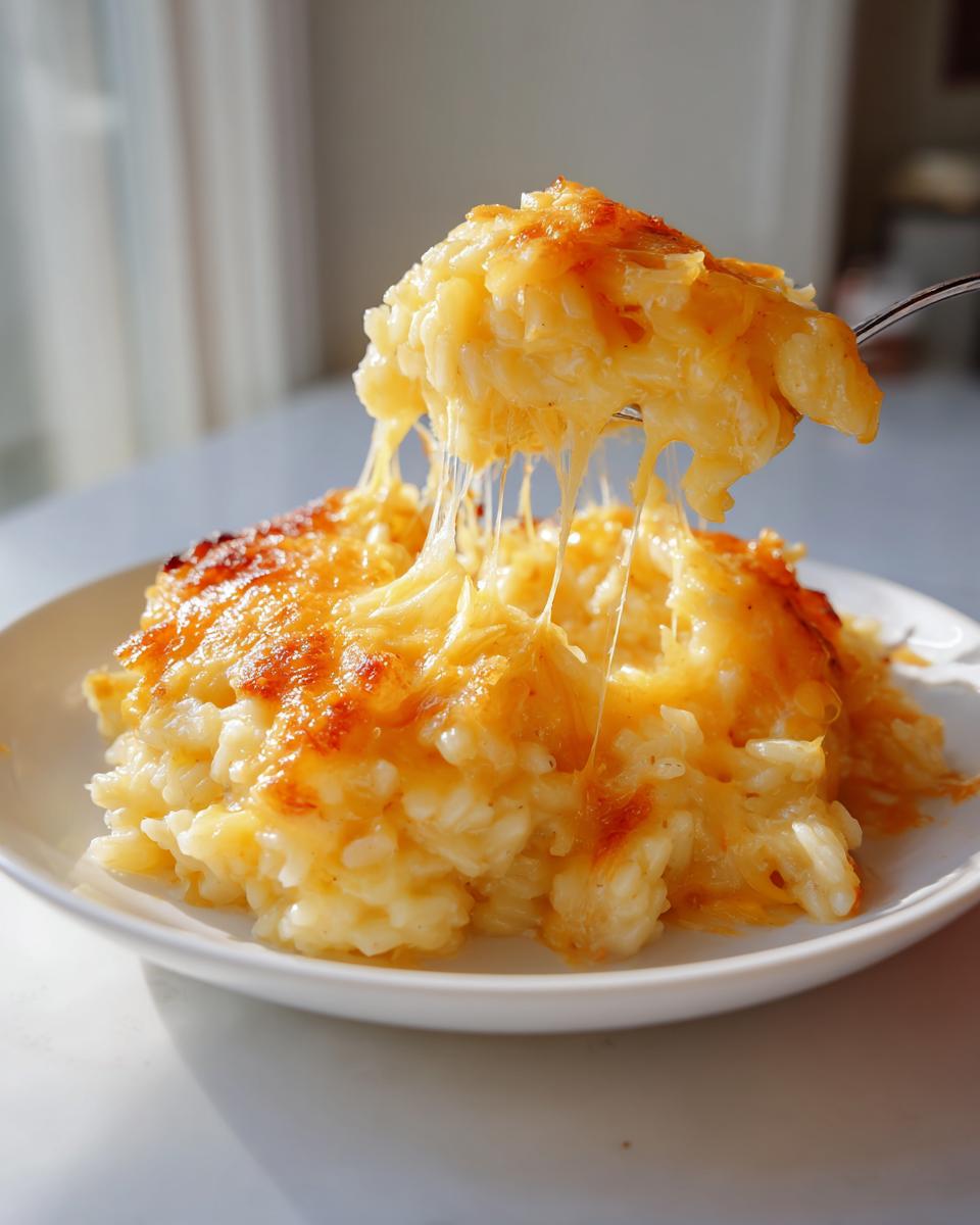 A spoonful of amazing cheesy rice is lifted from a white plate, showing long, gooey cheese pulls.