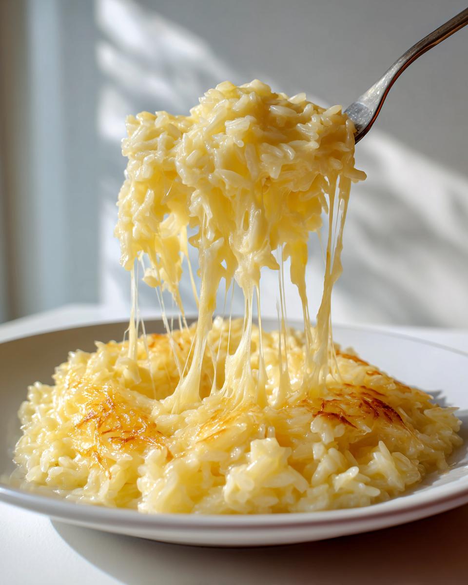 A fork lifts a serving of creamy, cheesy rice, showing long, impressive strings of melted cheese pull.