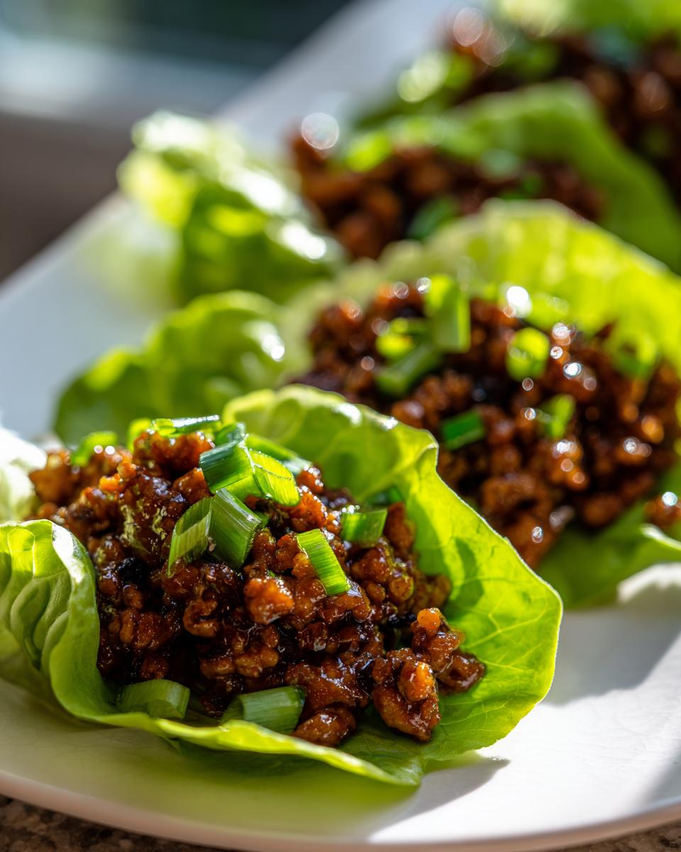 Close-up of delicious chicken lettuce wraps filled with savory ground chicken mixture and topped with fresh green onions.