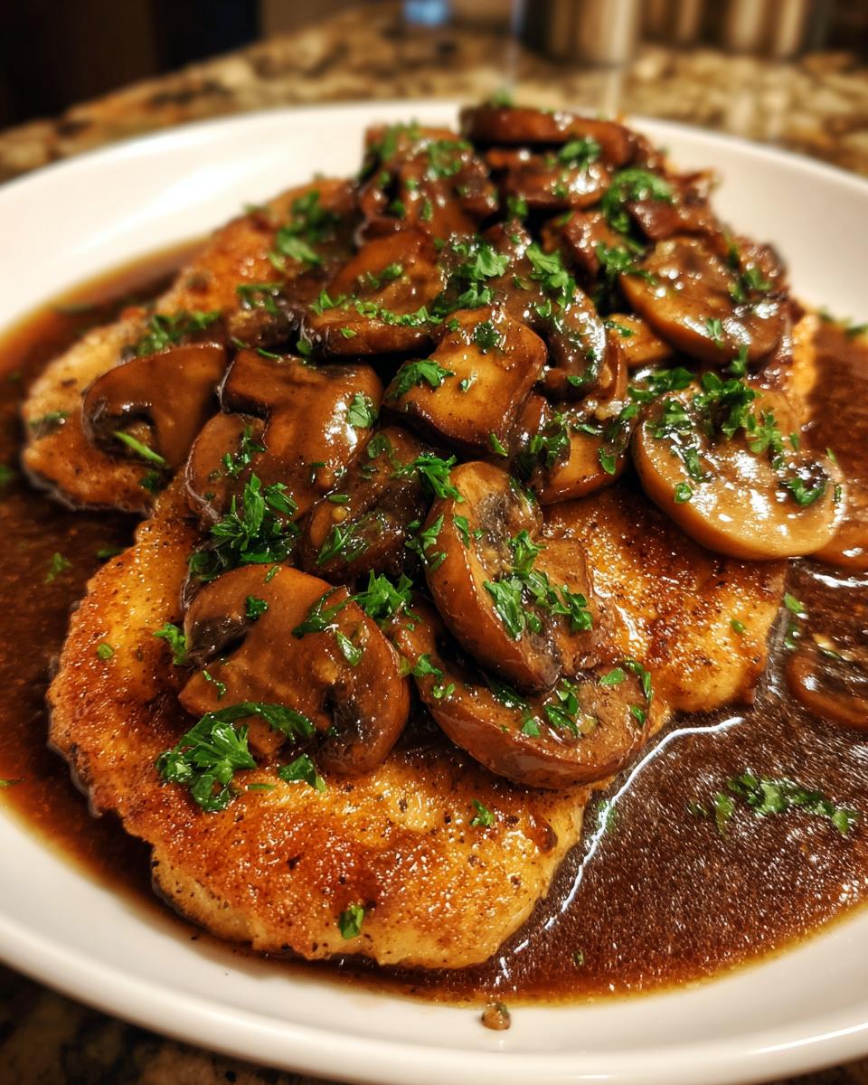 A close-up of golden-brown Chicken Marsala cutlets smothered in rich brown sauce and sliced mushrooms, garnished with parsley.