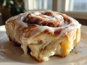 A close-up, mouthwatering shot of a freshly baked cinnamon roll covered in thick white icing, showing the fluffy texture.
