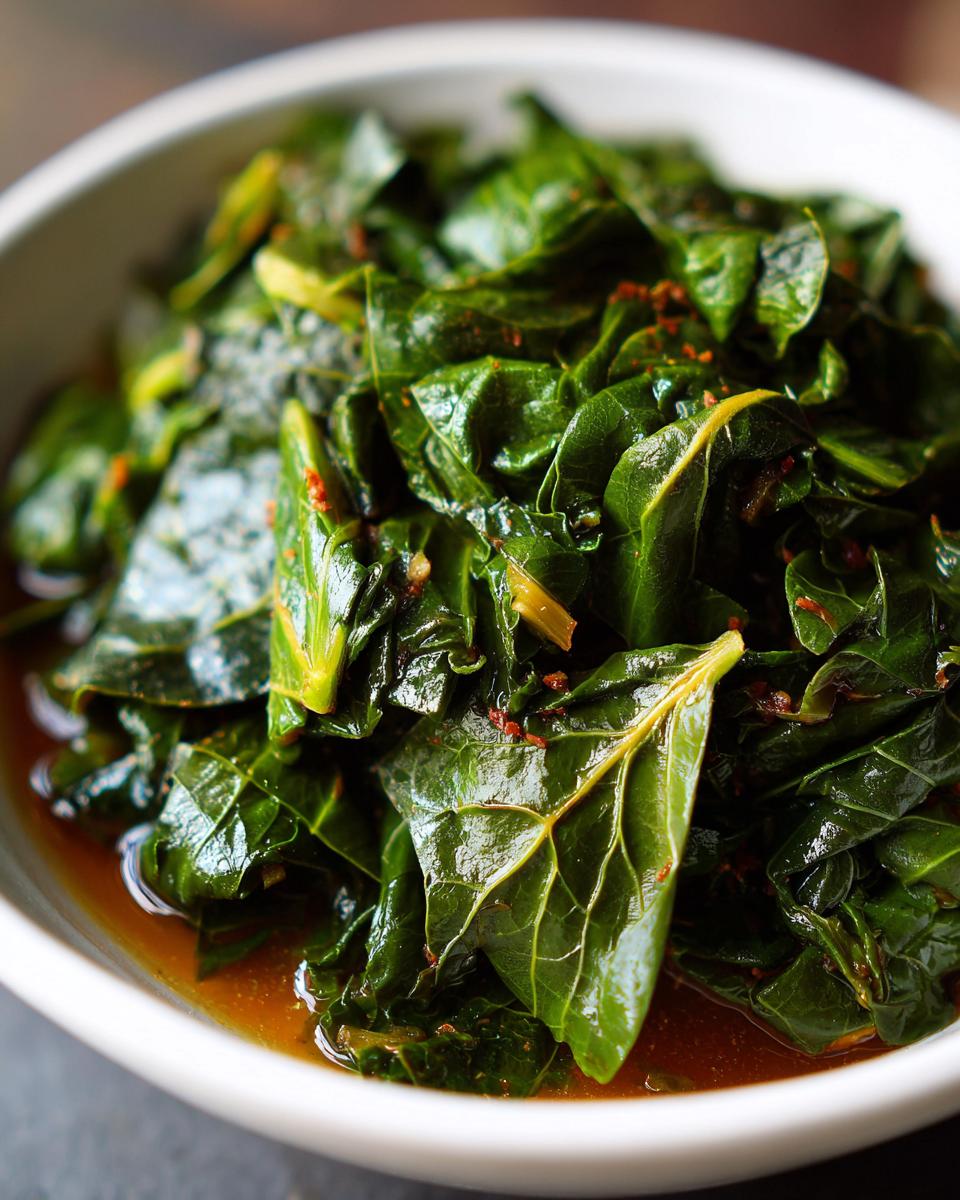 Close-up of tender, dark green collard greens served in a white bowl with savory cooking liquid.