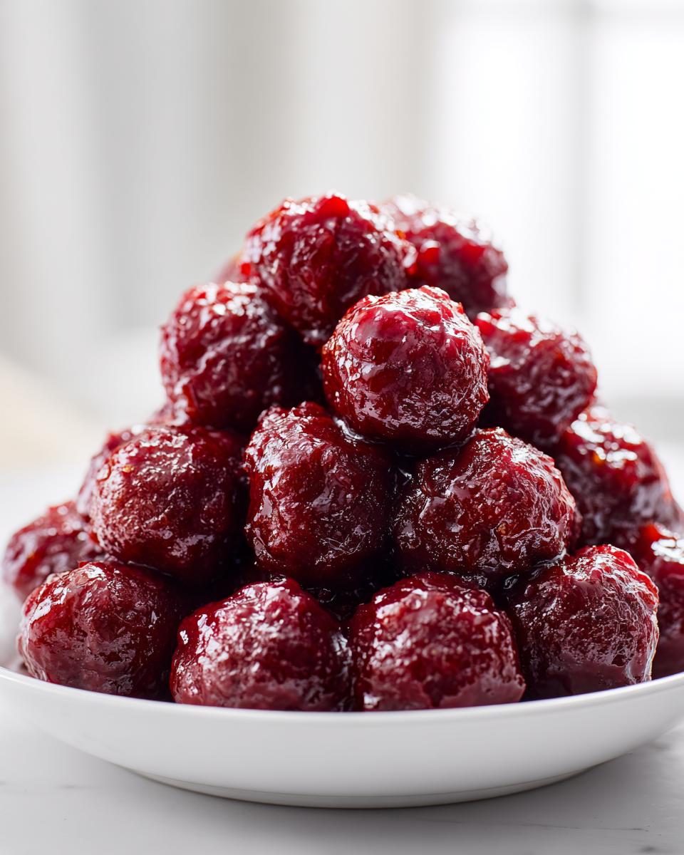 A close-up of a mound of glossy, deep red cranberry meatballs piled high in a white serving dish.