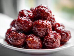 A close-up of a mound of glossy, dark red cranberry meatballs served on a white plate.