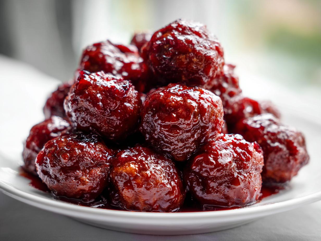 A close-up of a mound of glossy, dark red cranberry meatballs served on a white plate.