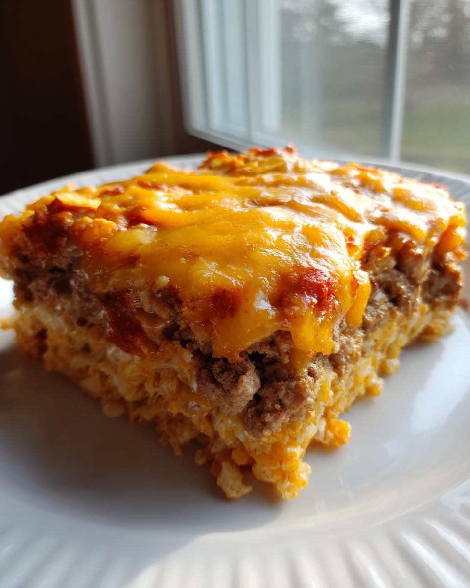 A close-up slice of Amazing Dorito Casserole featuring layers of ground meat and melted cheddar cheese topping.