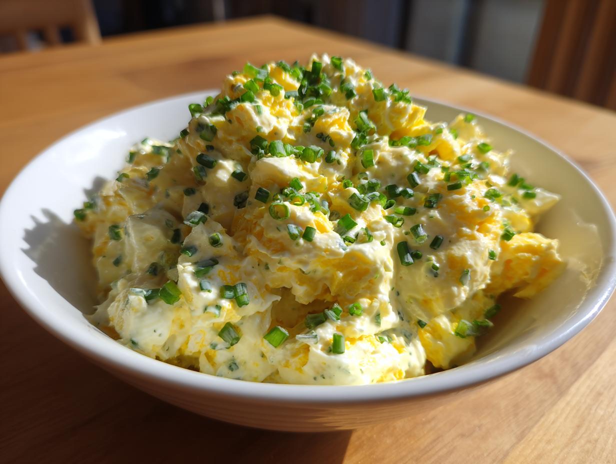 A white bowl overflowing with creamy, yellow egg salad generously topped with freshly chopped green chives.