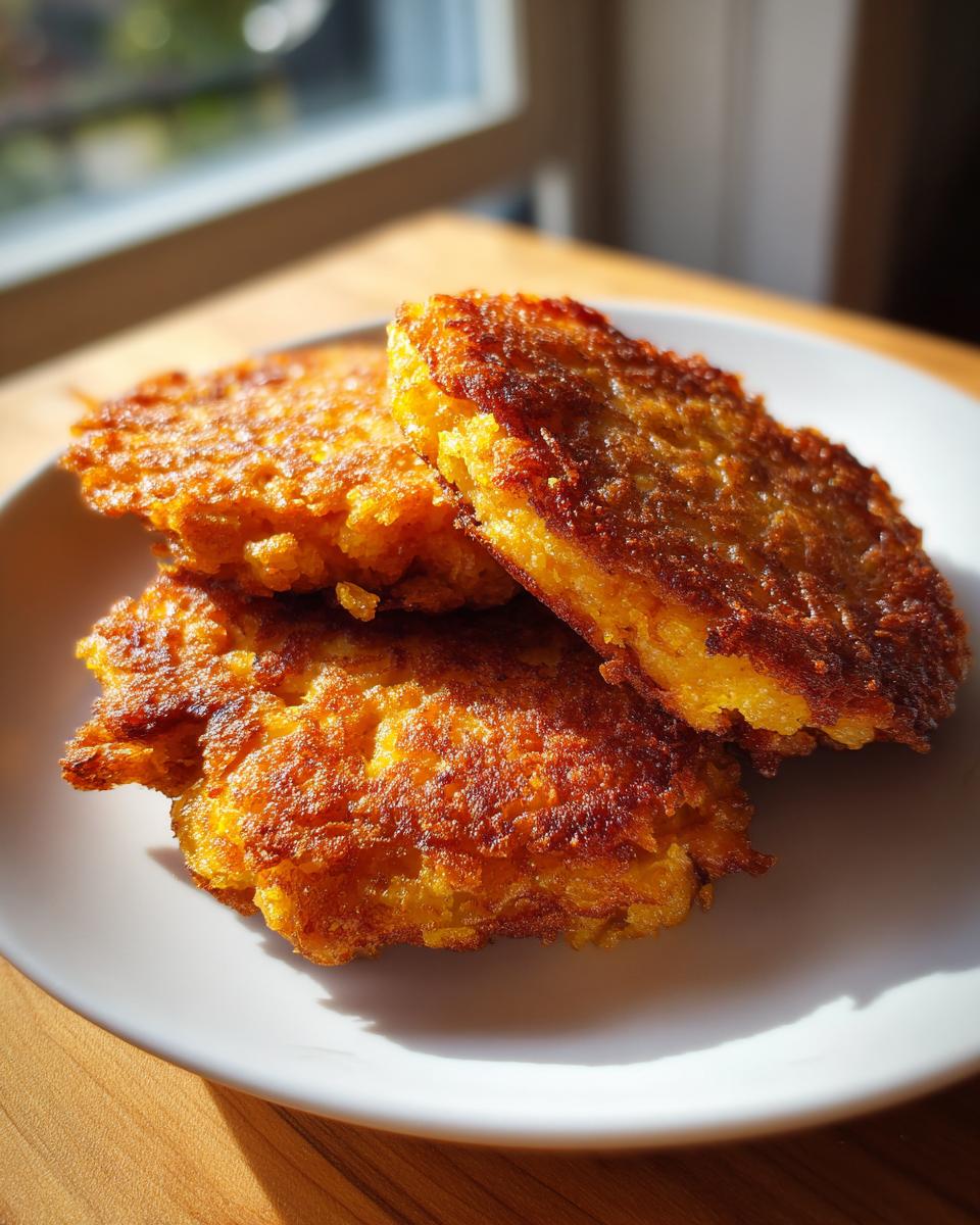 Three golden brown, crispy fried cornbread patties stacked on a white plate, illuminated by natural light.