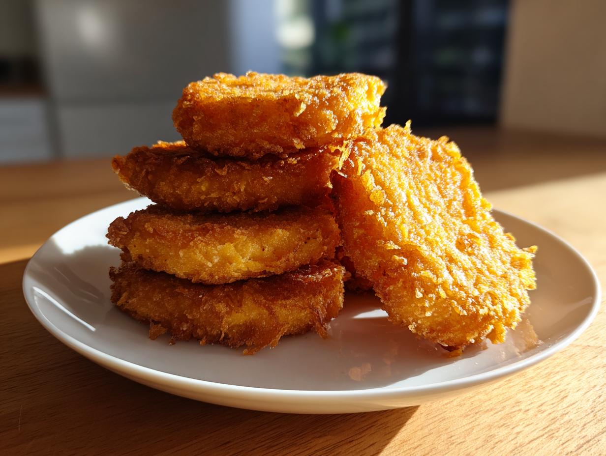A stack of golden brown, crispy fried cornbread pieces piled on a white plate.