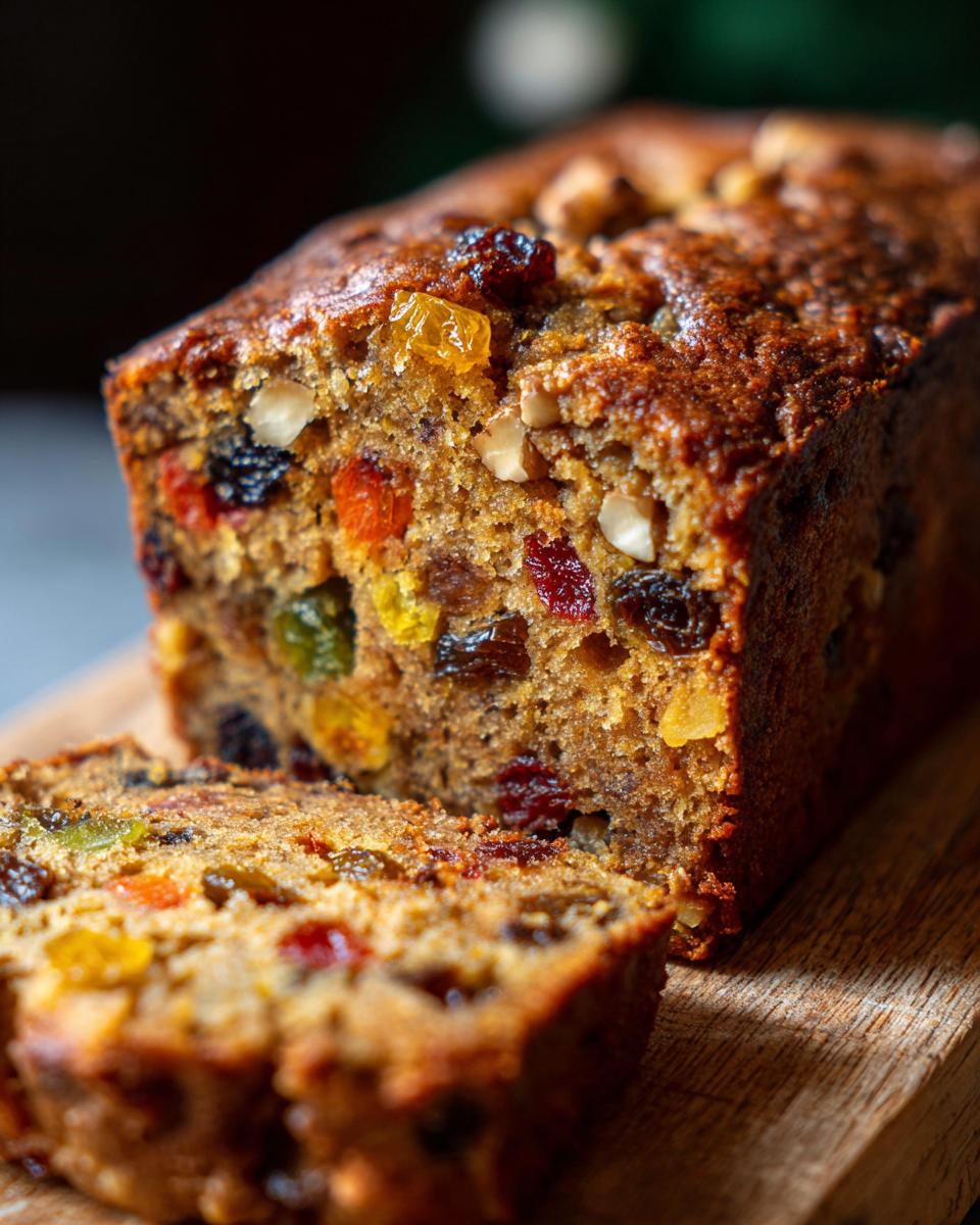 Close-up of a rich, moist fruit cake loaf, sliced to show colorful candied fruits and walnuts throughout the texture.