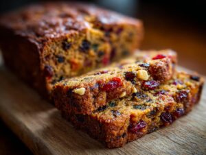 Close-up of two thick slices of homemade fruit cake, rich with dried cherries and nuts, resting on a wooden board.